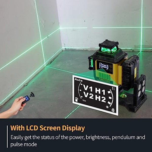 Firecore 4 x 360 레이저 레벨 셀프 레벨링 프로, 16라인 4D 녹색 십자선 타일링 바닥 레이저 도구(LCD 화면 포함), 3가지 밝기 조정/펄스 모드 - 충전식 배터리 및 원격 제어(F9