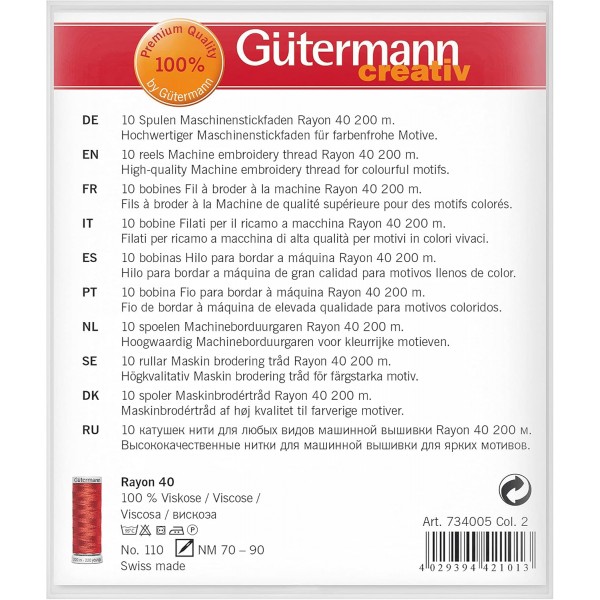 Gütermann creativ 기계 자수 실 세트 10스풀 레이온 40 200m 다양한 색상 10팩 캔디