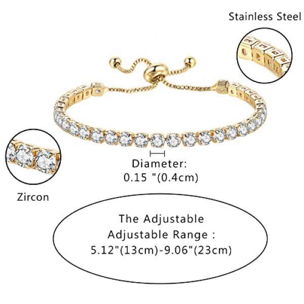 JewelryWe 지르코니아 스톤이 달린 여성용 팔찌 테니스 팔찌 팔찌 팔찌 어머니 여자 친구를위한 선물 조정 가능한 골드 팩 2 개, 스테인레스 스틸