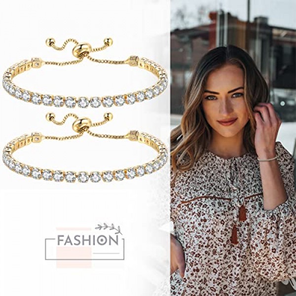 JewelryWe 지르코니아 스톤이 달린 여성용 팔찌 테니스 팔찌 팔찌 팔찌 어머니 여자 친구를위한 선물 조정 가능한 골드 팩 2 개, 스테인레스 스틸
