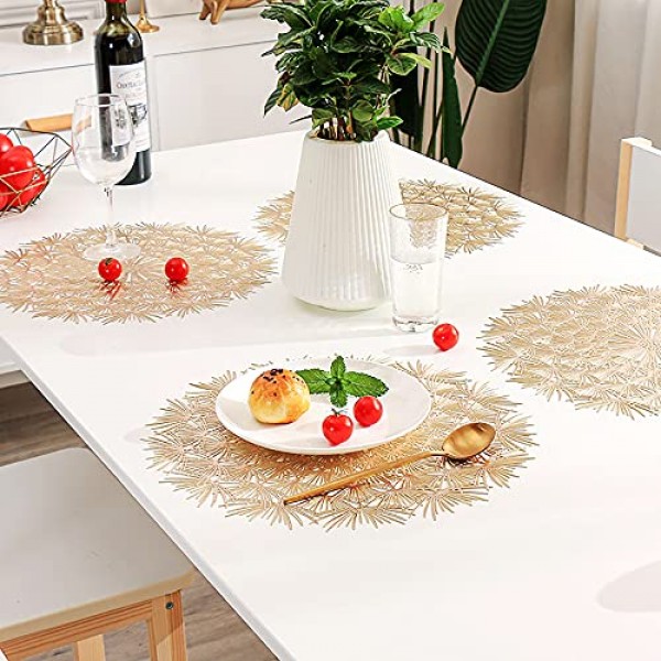 라운드 골드 Placemats 6 세트-우아한 Tablemats-민들레 꽃 모양 Placemats 부엌 식탁을위한 비닐 장소 매트 휴일 결혼식 장식