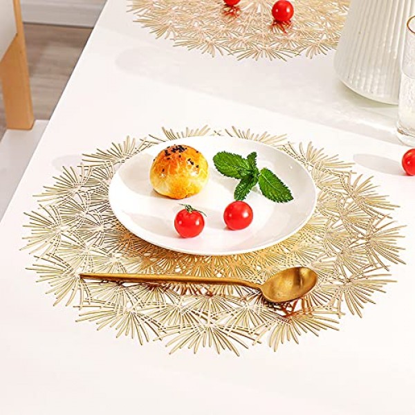 라운드 골드 Placemats 6 세트-우아한 Tablemats-민들레 꽃 모양 Placemats 부엌 식탁을위한 비닐 장소 매트 휴일 결혼식 장식