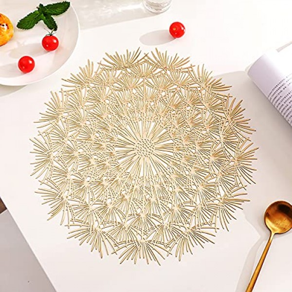 라운드 골드 Placemats 6 세트-우아한 Tablemats-민들레 꽃 모양 Placemats 부엌 식탁을위한 비닐 장소 매트 휴일 결혼식 장식
