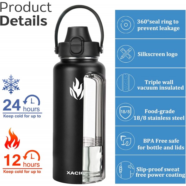 XACIOA 스테인리스 스틸 물병, 1200ml/40oz 진공 단열 음료수 병, 밀짚 뚜껑이 있는 누수 방지 아웃도어 캠핑 하이킹 자전거 피트니스 40oz 블랙용 BPA 프리 스포츠 물병