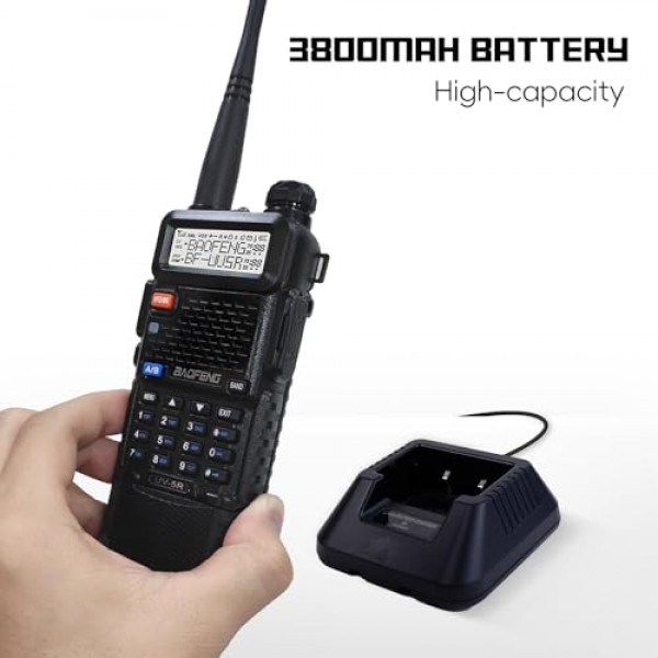 Baofeng UV-5R 휴대용 3800mAh 햄 라디오 8W, 장거리 듀얼 밴드, USB 충전식 및 이어폰(2팩)