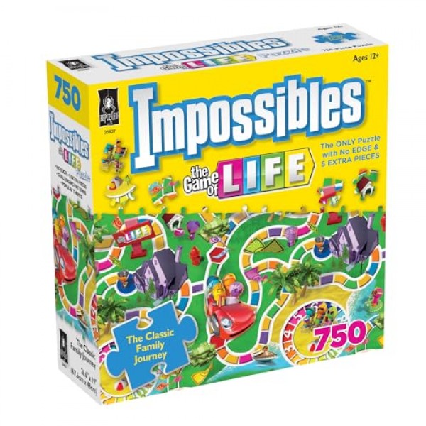 수수께끼 | Hasbro Impossibles 퍼즐은 15세 이상 고급 퍼즐러를 위한 750피스 국경 없는 퍼즐인 인생의 고전 게임의 이미지를 담고 있습니다.