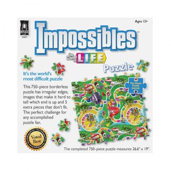 수수께끼 | Hasbro Impossibles 퍼즐은 15세 이상 고급 퍼즐러를 위한 750피스 국경 없는 퍼즐인 인생의 고전 게임의 이미지를 담고 있습니다.