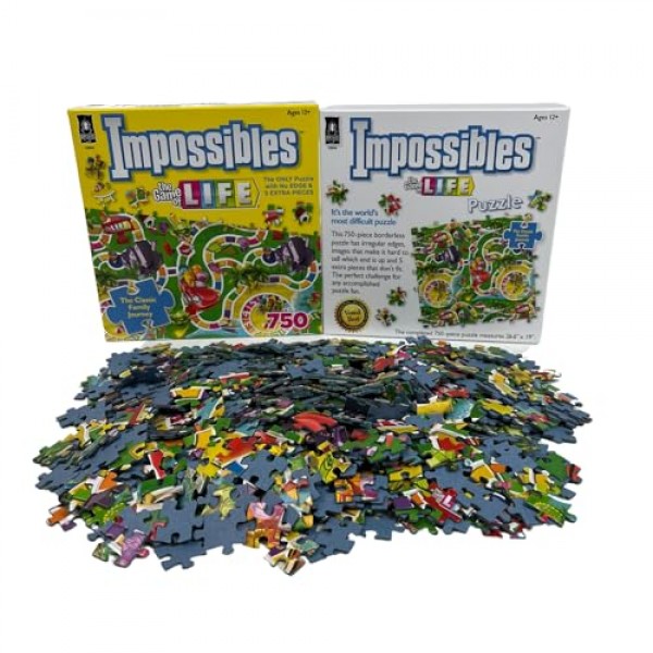 수수께끼 | Hasbro Impossibles 퍼즐은 15세 이상 고급 퍼즐러를 위한 750피스 국경 없는 퍼즐인 인생의 고전 게임의 이미지를 담고 있습니다.