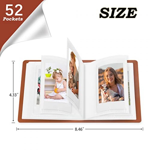 Fujifilm Instax Mini 인스턴트 필름, 폴라로이드 스냅, Z2300, SocialMatic 인스턴트 카메라 및 Zip 인스턴트 프린터용 52 포켓 미니 사진 앨범(브라운, 2팩)