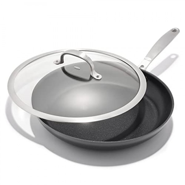 OXO Enhanced, 뚜껑이 있는 12인치 프라이팬 프라이팬, 건강에 좋은 세라믹 논스틱, PFAS 없음, 스테인리스 스틸 손잡이, 식기세척기 사용 가능, 오븐 사용 가능, 검정색