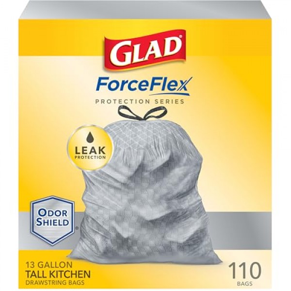 Glad ForceFlex Protection 시리즈 키가 큰 주방용 조임끈 쓰레기 봉투, 13갤런, 110개