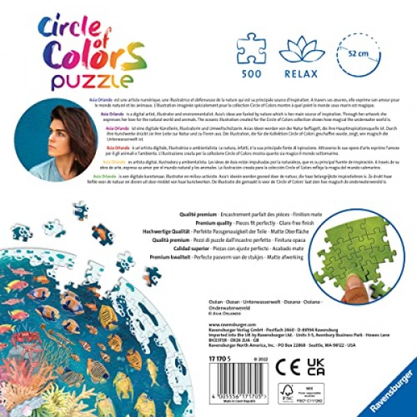 Ravensburger Circle of Colors: Ocean 성인을 위한 500피스 원형 직소 퍼즐 - 17170 - 모든 조각은 독특하며 Softclick 기술로 조각이 완벽하게 맞습니다.