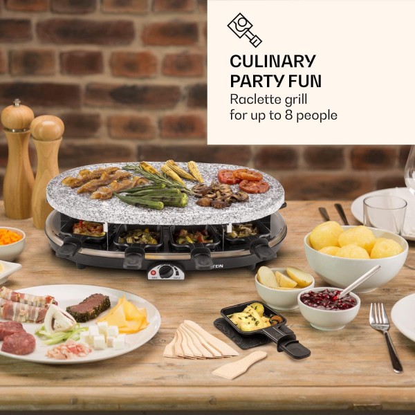 Klarstein Steaklette All-U-Can-Grill 라클렛 - 1500와트 라클렛 그릴, 라클렛 팬을 포함한 8인용 라클렛, 지속적으로 온도 조절 가능, 접시와 나무 주걱을 포함한 2-in-1 그릴