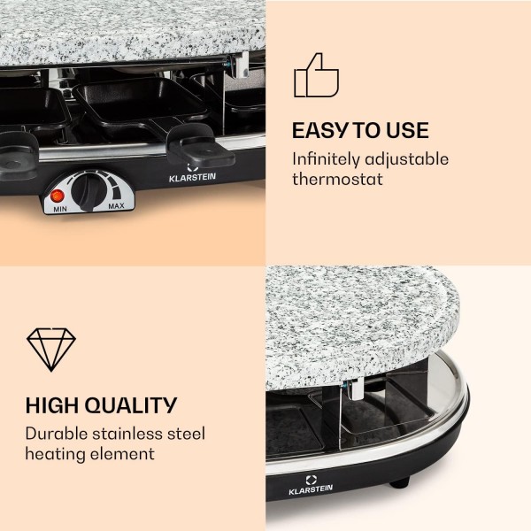 Klarstein Steaklette All-U-Can-Grill 라클렛 - 1500와트 라클렛 그릴, 라클렛 팬을 포함한 8인용 라클렛, 지속적으로 온도 조절 가능, 접시와 나무 주걱을 포함한 2-in-1 그릴