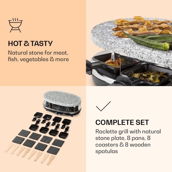 Klarstein Steaklette All-U-Can-Grill 라클렛 - 1500와트 라클렛 그릴, 라클렛 팬을 포함한 8인용 라클렛, 지속적으로 온도 조절 가능, 접시와 나무 주걱을 포함한 2-in-1 그릴