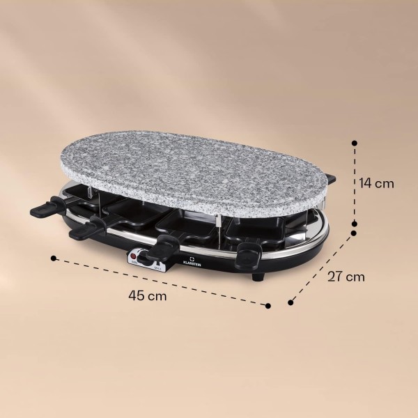 Klarstein Steaklette All-U-Can-Grill 라클렛 - 1500와트 라클렛 그릴, 라클렛 팬을 포함한 8인용 라클렛, 지속적으로 온도 조절 가능, 접시와 나무 주걱을 포함한 2-in-1 그릴