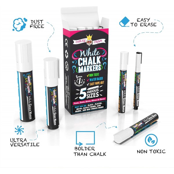 CHALKY CROWN 5 흰색 분필 마커 - 무독성 액체 분필 칠판 마커, 창 유리용 흰색 액체 분필 마커 - 다양한 1, 3, 6, 10, 15mm 팁
