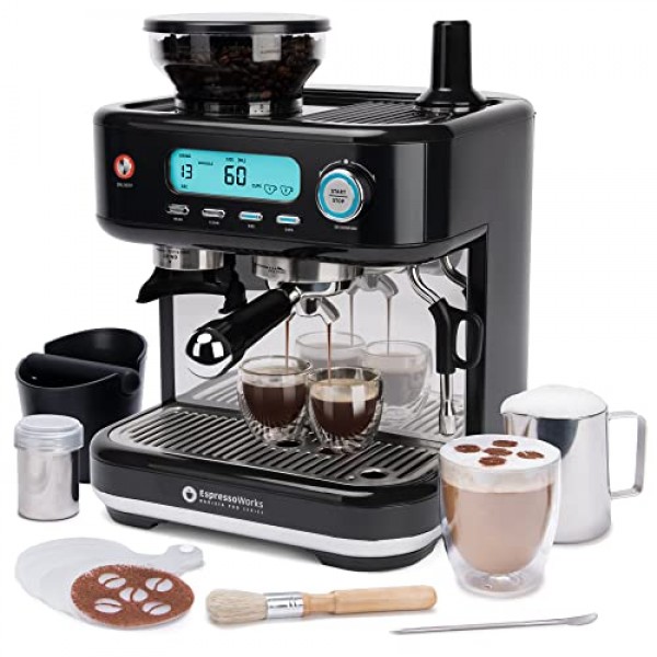 EspressoWorks 바리스타 프로 시리즈 에스프레소 머신(그라인더, 스티머, LCD 디스플레이 포함) - 60초 안에 사용 가능 - 15바 라떼 및 카푸치노 머신 30피스 번들 - 커피 선물(