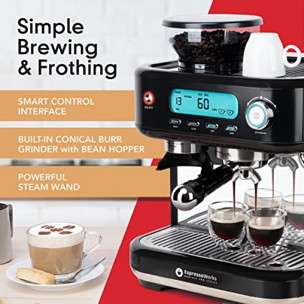 EspressoWorks 바리스타 프로 시리즈 에스프레소 머신(그라인더, 스티머, LCD 디스플레이 포함) - 60초 안에 사용 가능 - 15바 라떼 및 카푸치노 머신 30피스 번들 - 커피 선물(