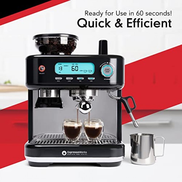 EspressoWorks 바리스타 프로 시리즈 에스프레소 머신(그라인더, 스티머, LCD 디스플레이 포함) - 60초 안에 사용 가능 - 15바 라떼 및 카푸치노 머신 30피스 번들 - 커피 선물(