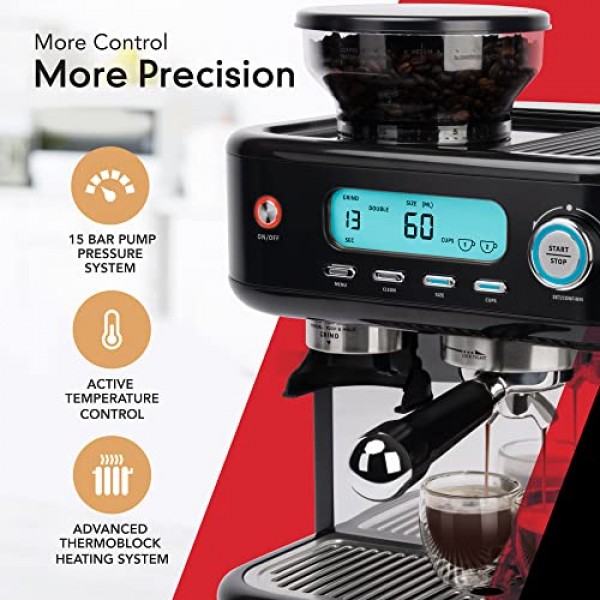 EspressoWorks 바리스타 프로 시리즈 에스프레소 머신(그라인더, 스티머, LCD 디스플레이 포함) - 60초 안에 사용 가능 - 15바 라떼 및 카푸치노 머신 30피스 번들 - 커피 선물(