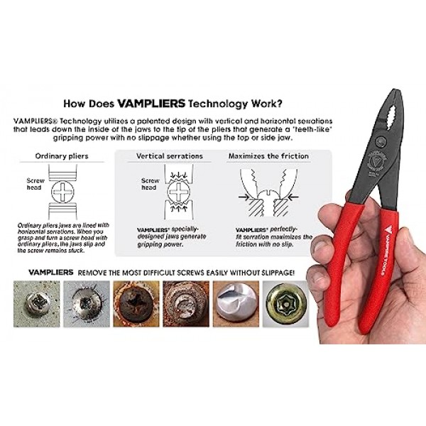 VAMPLIERS 7인치 슬립 조인트 나사 추출 플라이어, 프리미엄 CrV 강철, 일본산, 벗겨진/손상된/특수 나사, 너트 및 볼트를 잡고 제거하기 위한 수직 톱니 모양의 조.