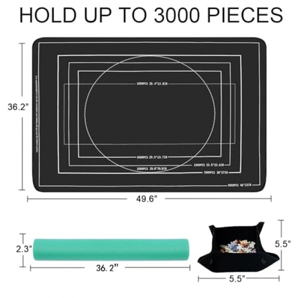 직소 퍼즐 매트 롤업 고무 주름 없음 3000 ~ 2000 1500 1000 500개, 49 x 36 검정색 대형 직소 퍼즐 패드 매트 롤업 보드 테이블 정렬 트레이 보호기 홀더 액세서리 선물