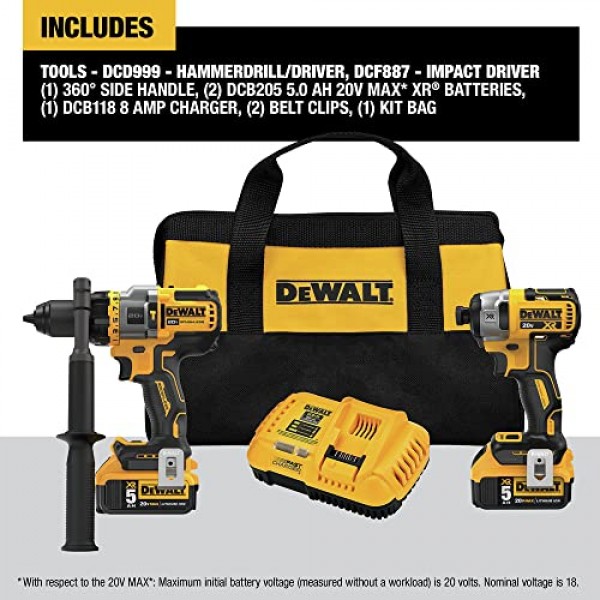 DEWALT FLEXVOLT ADVANTAGE 20V MAX 콤보 키트, 해머 드릴 및 임팩트 드라이버 포함, 5.0Ah, 2공구(DCK2100P2)