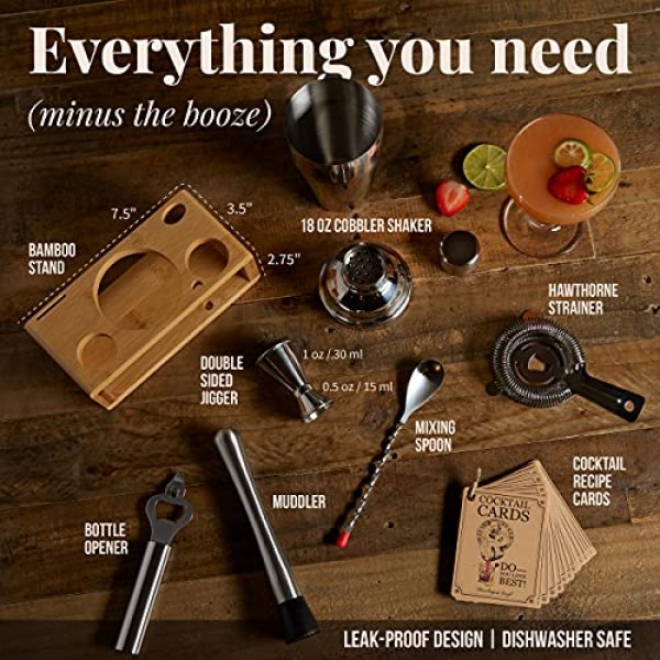 Mixology & Craft 바텐더 키트 - 홈 바용 스탠드가 포함된 8피스 스테인레스 스틸 마티니 칵테일 셰이커 세트, 집에서 음료 혼합에 적합, 독점 레시피 카드