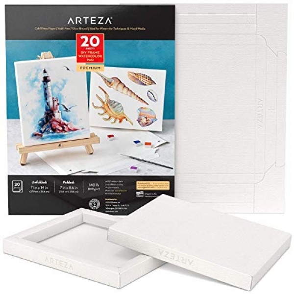 ARTEZA 수채화 아트지 접이식 캔버스 패드, 7x8.6인치, 20매, DIY 프레임, 무산성 중량지 패드, 140lb/300 GSM, 회화 및 혼합 미디어 아트용 미술 용품