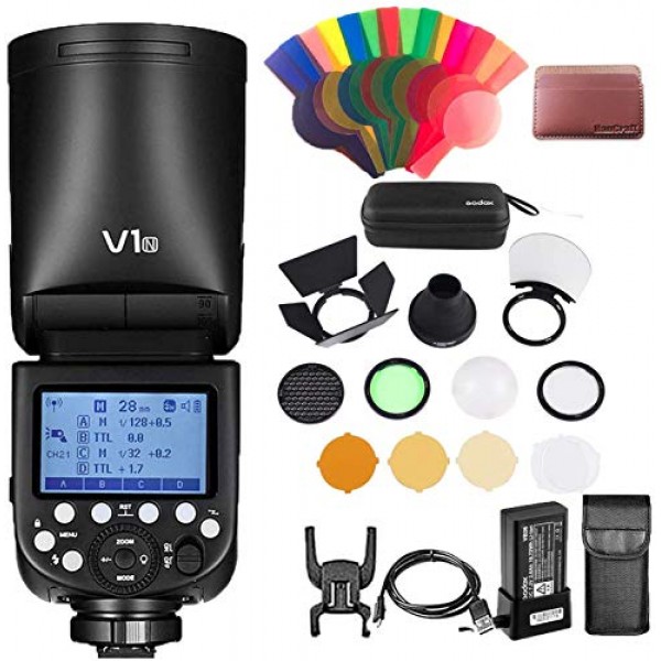 Nikon용 Godox V1-N(AK-R1 액세서리 키트 포함), 76Ws 2.4G TTL 원형 헤드 플래시 스피드라이트, 1/8000 HSS 스피드라이트, 최대 전력 플래시 480회, 재활용 시간 1.5초, 2600mAh 배터리, 