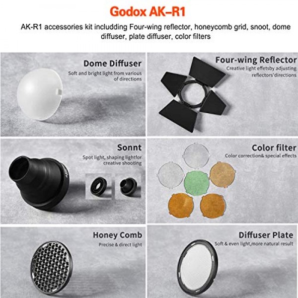 Nikon용 Godox V1-N(AK-R1 액세서리 키트 포함), 76Ws 2.4G TTL 원형 헤드 플래시 스피드라이트, 1/8000 HSS 스피드라이트, 최대 전력 플래시 480회, 재활용 시간 1.5초, 2600mAh 배터리, 