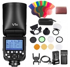 Nikon용 Godox V1-N(AK-R1 액세서리 키트 포함), 76Ws 2.4G TTL 원형 헤드 플래시 스피드라이트, 1/8000 HSS 스피드라이트, 최대 전력 플래시 480회, 재활용 시간 1.5초, 2600mAh 배터리, 
