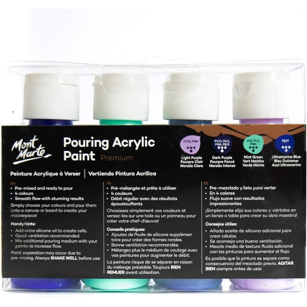 Mont Marte Pouring Set Ethereal - 4개 x 60ml - 아크릴 푸어링 - 푸어링 미디엄과 미리 혼합된 프리미엄 아크릴 페인트