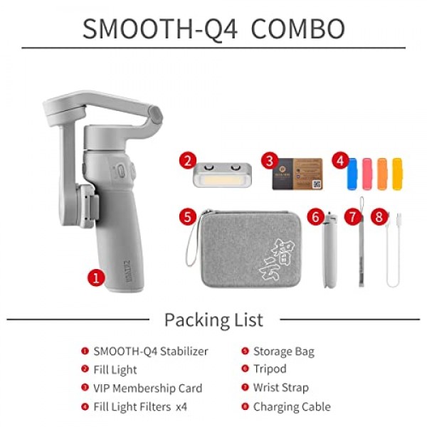 스마트폰 아이폰 안드로이드 핸드폰용 Zhiyun Smooth Q4 짐벌 안정기, 셀카봉 내장 연장 막대, 자기 필 라이트, 휴대용 가방, 삼각대, zhi yun Smooth Q4 콤보가 포함된 3축 휴대
