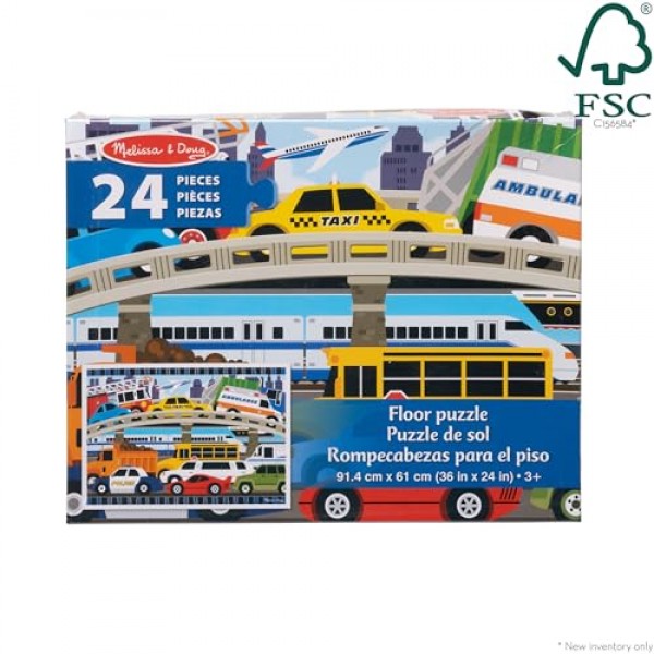 Melissa & Doug Traffic Jam 점보 직소 바닥 퍼즐(24개, 2 x 3피트 길이) - 어린이 차량 퍼즐, 미취학 아동과 3세 이상 어린이를 위한 대형 바닥 퍼즐