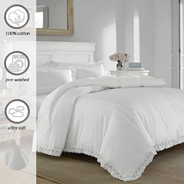 Laura Ashley Home - 킹 사이즈 이불 커버 세트, 일치하는 베갯잇이 있는 뒤집을 수 있는 면 린넨, 사계절용 경량 홈 데코(Annabella White, King)
