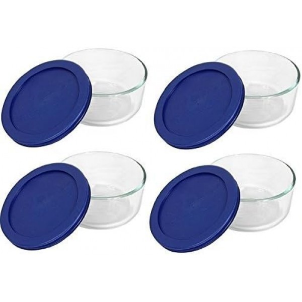 Pyrex Storage 2컵 원형 접시, 파란색 뚜껑이 있는 투명, 용기 4개 팩, 18/8 스테인리스 스틸 2컵(4개 팩) Blau