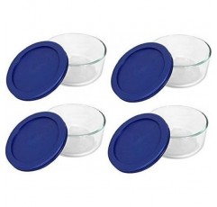 Pyrex Storage 2컵 원형 접시, 파란색 뚜껑이 있는 투명, 용기 4개 팩, 18/8 스테인리스 스틸 2컵(4개 팩) Blau