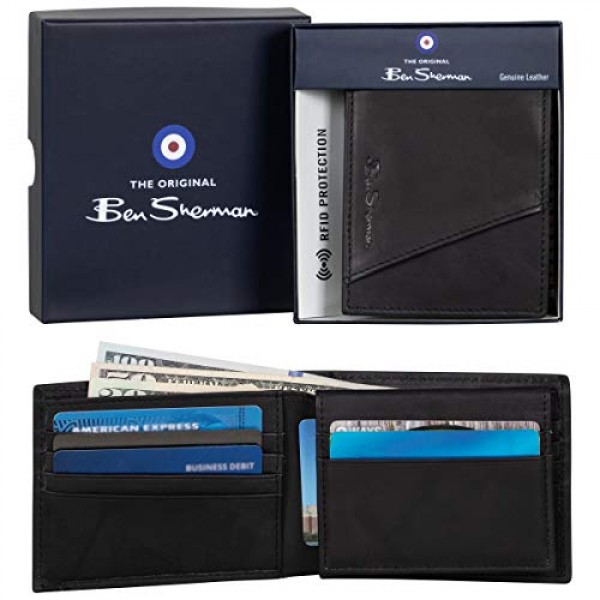 Ben Sherman 남성용 Slimfold 풀 그레인 가죽 도난 방지 RFID 보안 지갑 (ID 창이 포함) 여행 액세서리 Bi-Fold Wallet