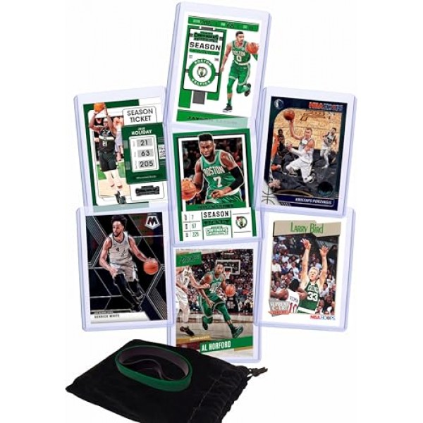 보스턴 셀틱스 농구 카드: Jayson Tatum, Al Horford, Jaylen Brown, Kristaps Porzingis, Derrick White, Jrue Holiday, Larry Bird 다양한 농구 스타 및 염소 트레이딩 카드 및 손목 밴드 선물 팩