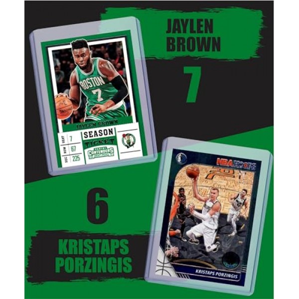 보스턴 셀틱스 농구 카드: Jayson Tatum, Al Horford, Jaylen Brown, Kristaps Porzingis, Derrick White, Jrue Holiday, Larry Bird 다양한 농구 스타 및 염소 트레이딩 카드 및 손목 밴드 선물 팩