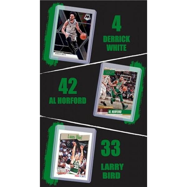 보스턴 셀틱스 농구 카드: Jayson Tatum, Al Horford, Jaylen Brown, Kristaps Porzingis, Derrick White, Jrue Holiday, Larry Bird 다양한 농구 스타 및 염소 트레이딩 카드 및 손목 밴드 선물 팩