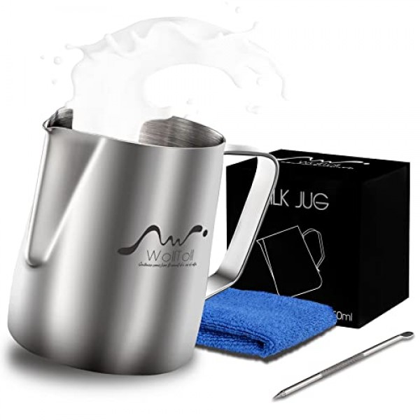 스테인레스 스틸 우유 거품 투수, 12oz/350ml 우유 커피 카푸치노 라떼 아트 거품 투수 바리스타 우유 주전자 컵, 장식 아트 펜 및 극세사 천 내부 양면 측정