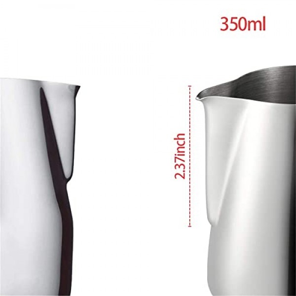 스테인레스 스틸 우유 거품 투수, 12oz/350ml 우유 커피 카푸치노 라떼 아트 거품 투수 바리스타 우유 주전자 컵, 장식 아트 펜 및 극세사 천 내부 양면 측정