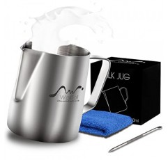 스테인레스 스틸 우유 거품 투수, 12oz/350ml 우유 커피 카푸치노 라떼 아트 거품 투수 바리스타 우유 주전자 컵, 장식 아트 펜 및 극세사 천 내부 양면 측정