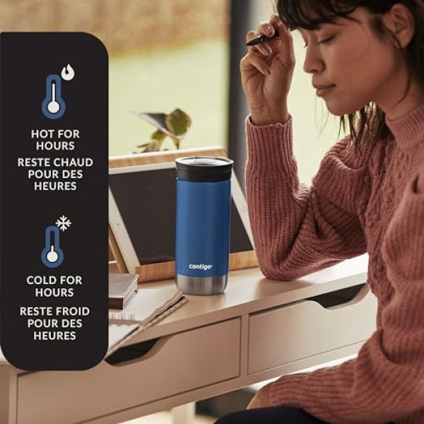 Contigo Huron 2.0 스테인리스 스틸 여행용 텀블러, 누출 방지 뚜껑이 있는 커피 및 차용 진공 단열 금속 텀블러, 블루 옥수수, 16oz(473mL)