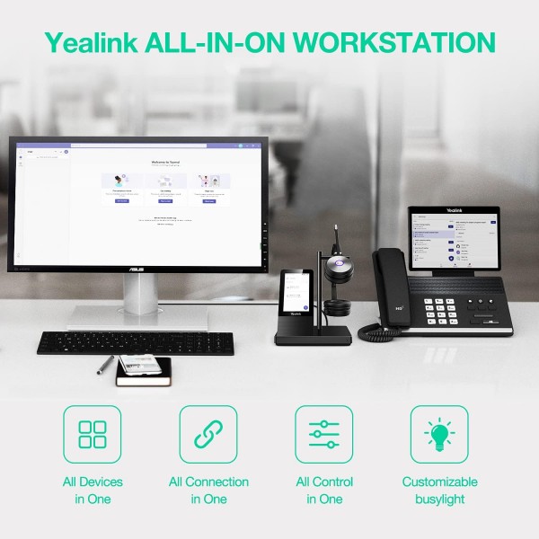 Yealink WH66 무선 DECT 헤드셋 Teams 인증, PC 컴퓨터 노트북 Mac용 소음 제거 마이크가 있는 무선 스테레오 헤드폰, 사무실 책상 전화 소프트폰 VoIP 전화 USB-A 및 블루투스 듀