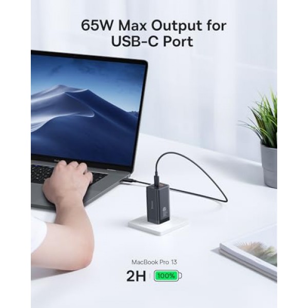 USB C 충전기, Baseus 65W USB C 벽면 충전기, 3포트 접이식 GaN 충전기, iPhone 15/14/13/Pro Max/SE/XR/XS, Samsung S22+/S22, MacBook Pro/Air, iPad, 노트북용 고속 충전기 블록 , 픽셀, 스팀 데크