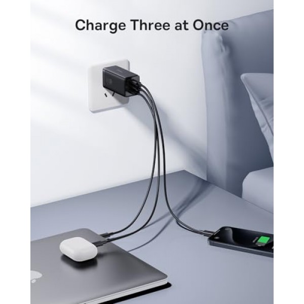 USB C 충전기, Baseus 65W USB C 벽면 충전기, 3포트 접이식 GaN 충전기, iPhone 15/14/13/Pro Max/SE/XR/XS, Samsung S22+/S22, MacBook Pro/Air, iPad, 노트북용 고속 충전기 블록 , 픽셀, 스팀 데크